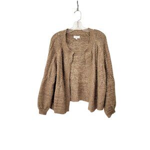 Lucky Brand Chunky Open-Knit Cardigan Sweater In Tan With Balloon Sleeves And Ri